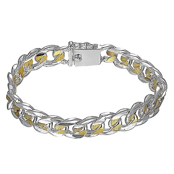Cuban Chain Link Sterling Silver Gold Two Tone Silver Unisex Bracelet - Picture 2 of 5